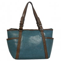 Tote Bag - 2-Side Pockets Leather-like Tote w/ Whipped & Buckled Straps - Blue - BG-MB1714BL
